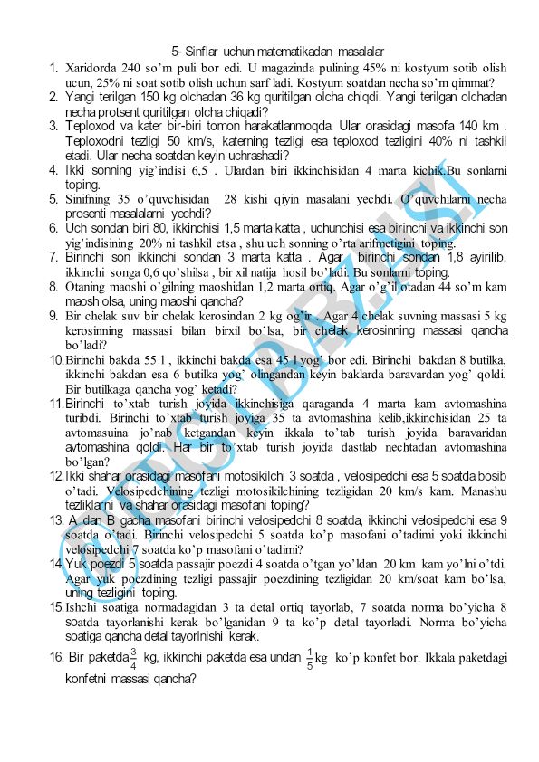 5-sinf matematika masalalari to'plami