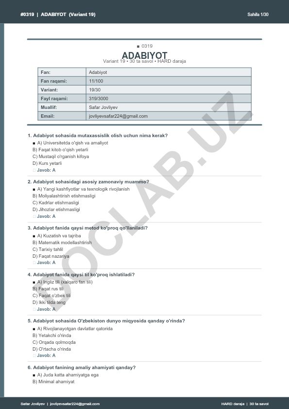 Adabiyot fanidan test savollari (Variant 19)