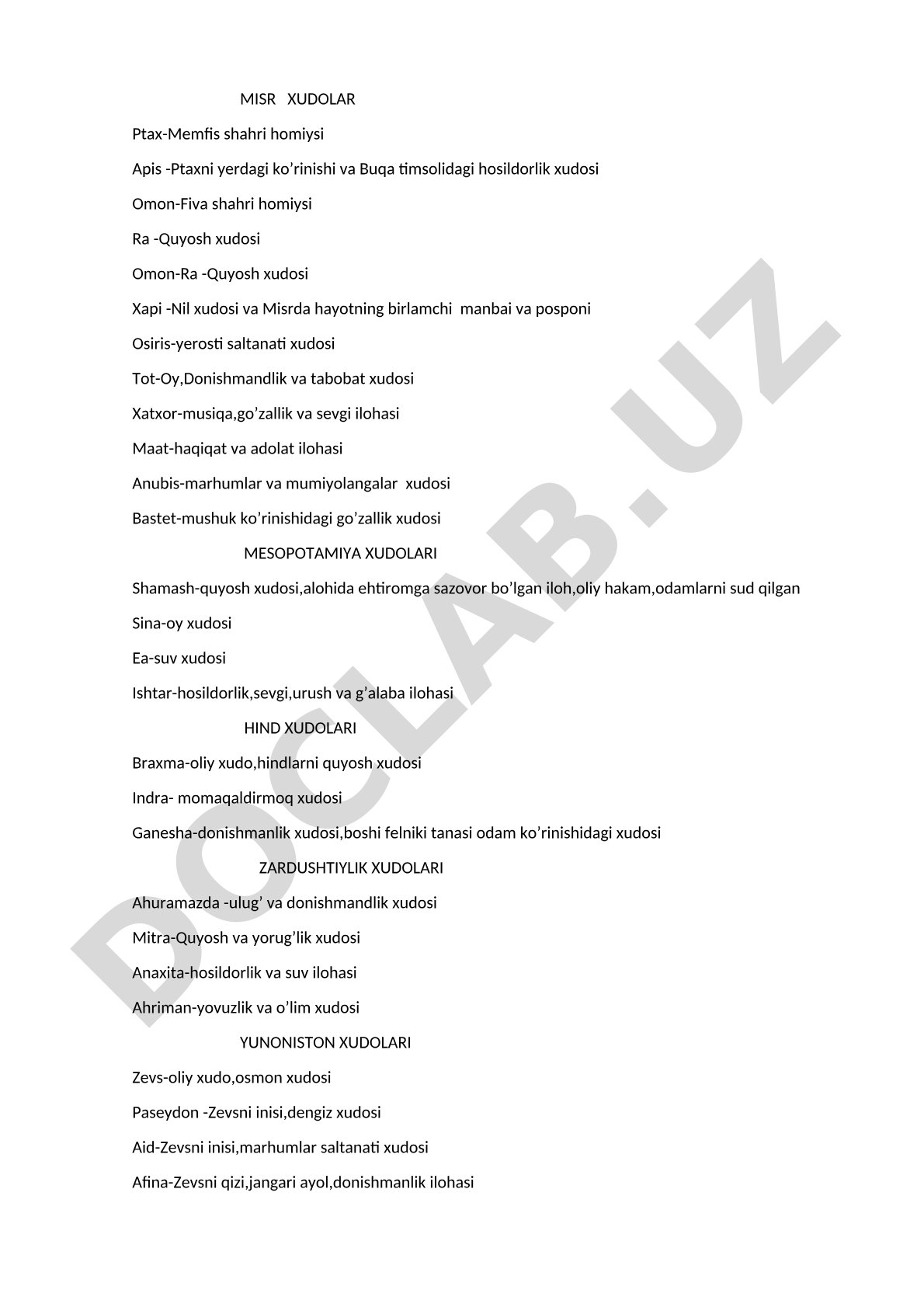Qadimgi Misr, Mesopotamiya, Hind, Zardushtiylik va Yunoniston xudolari