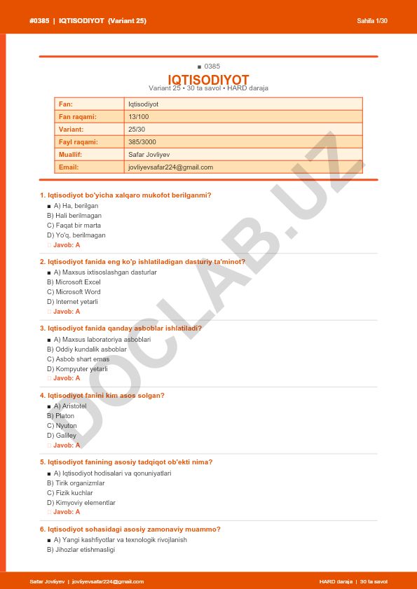 Iqtisodiyot faniga oid test savollari (Variant 25)