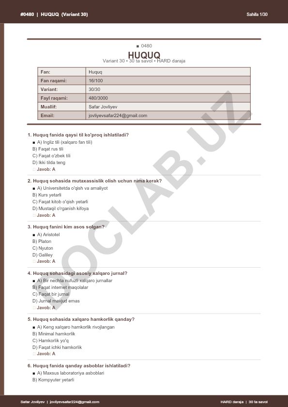 Huquq fanidan test savollari (Variant 30)