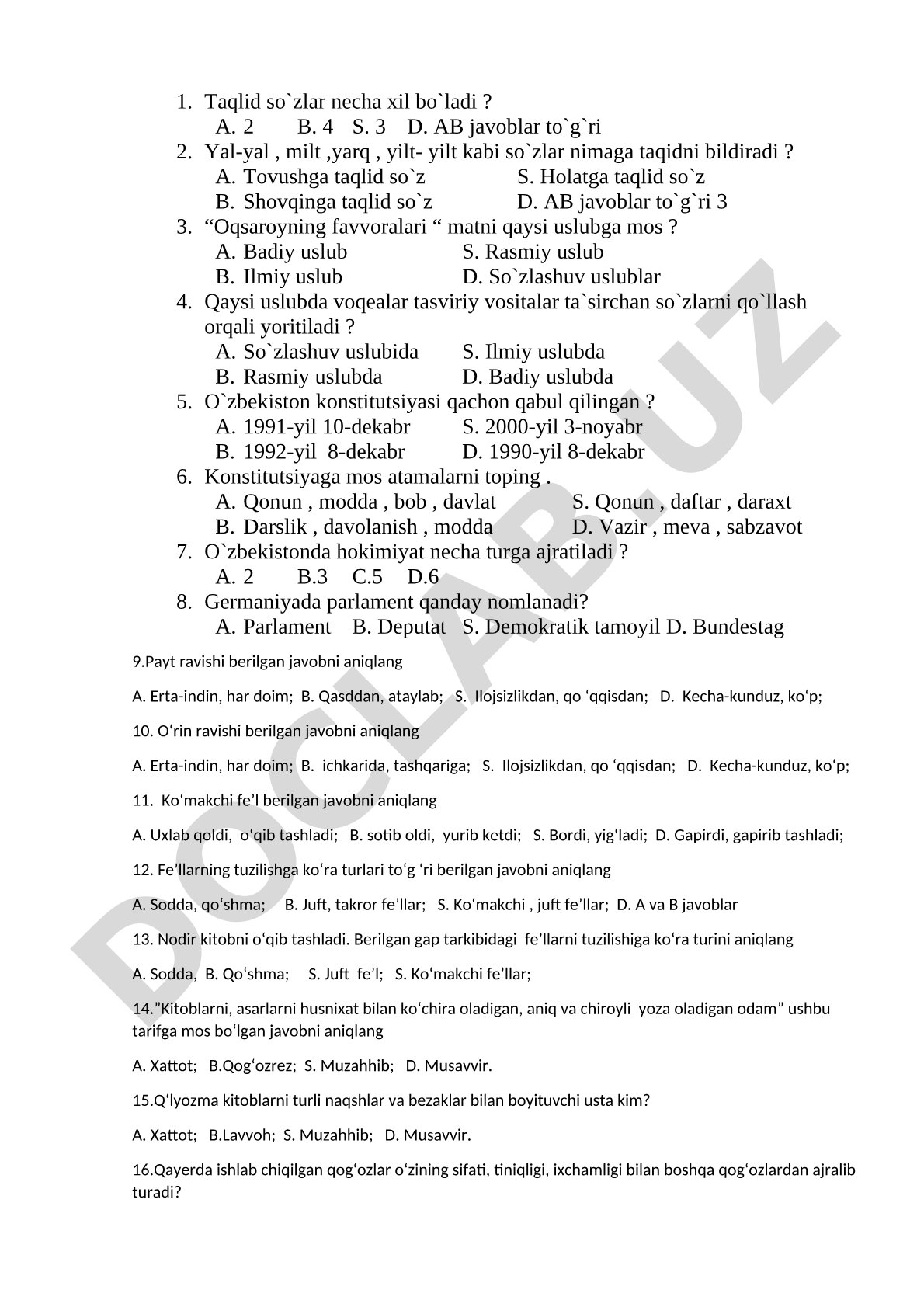 Taqlid so'zlar va uslublar test savollari