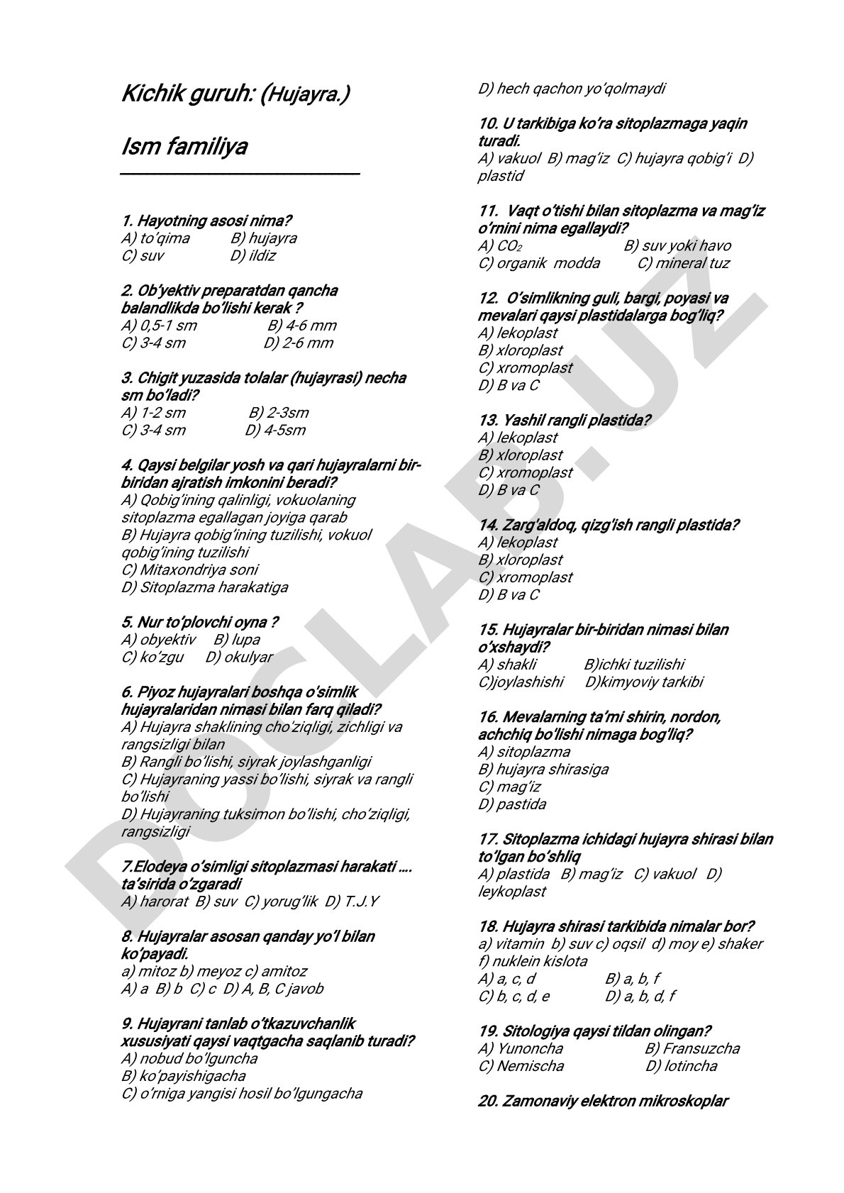 Biologiya fanidan test savollari
