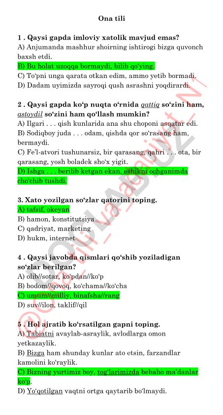 Ona tili imlo va grammatika test savollari