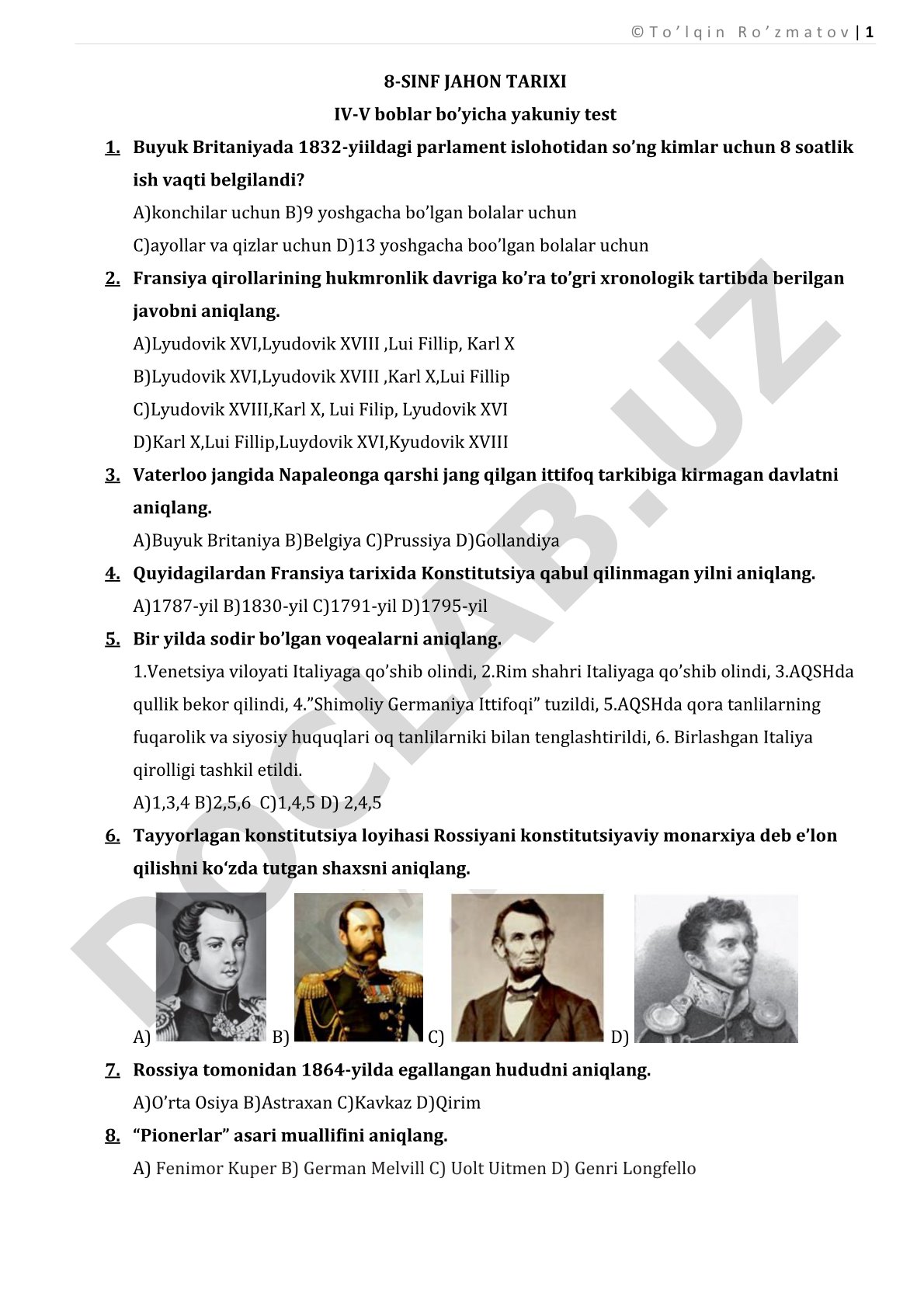 Jahon tarixi IV-V boblar bo'yicha yakuniy test