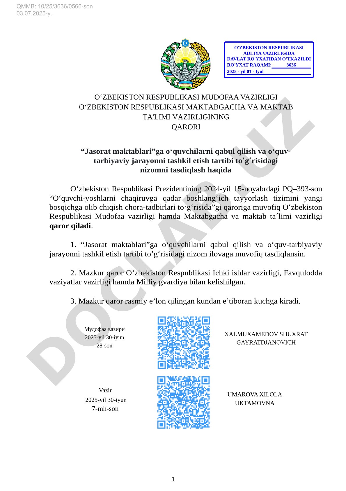Jasorat maktablariga o‘quvchilarni qabul qilish va o‘quv-tarbiyaviy jarayonni tashkil etish tartibi to‘g‘risidagi nizom