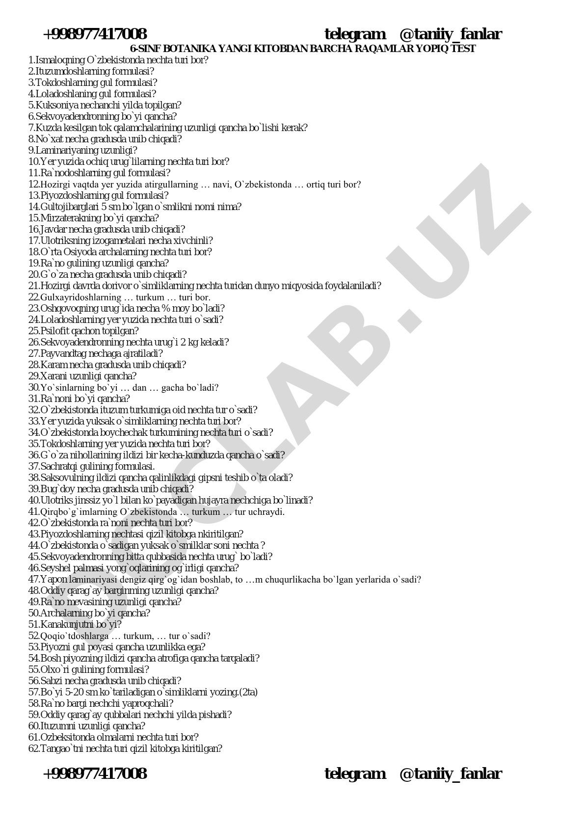 6-sinf botanika yangi kitobdan barcha raqamlar yopiq test