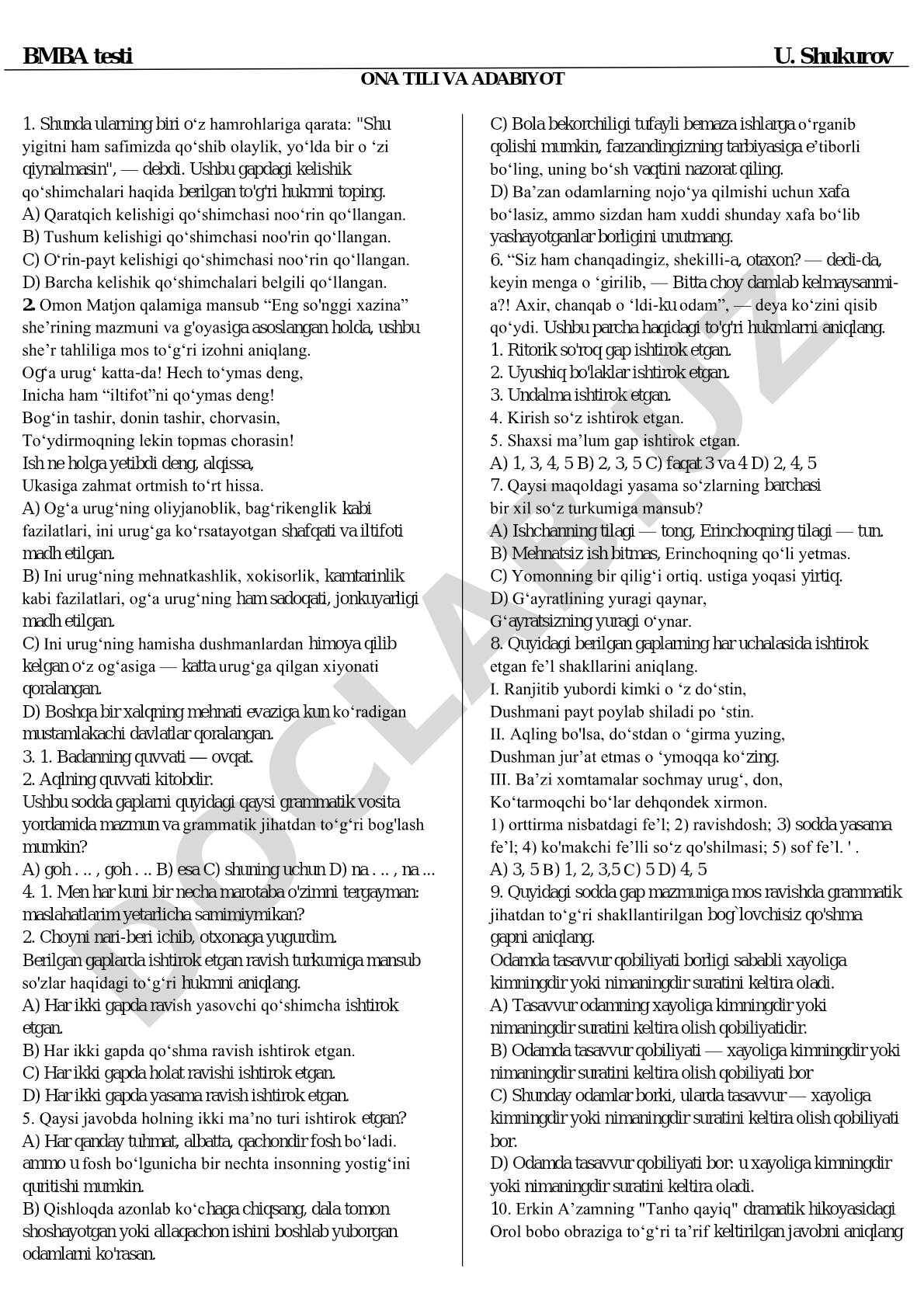 Ona tili va adabiyot test savollari