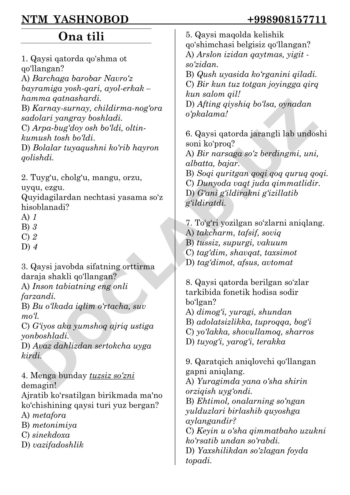 Ona tili test savollari