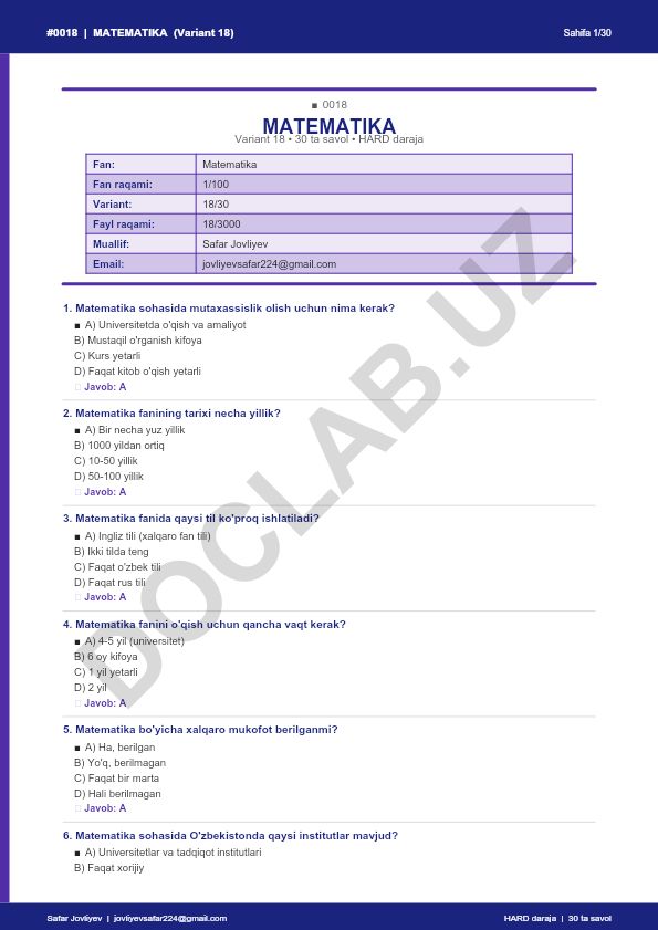 Matematika faniga oid test savollari (Variant 18)