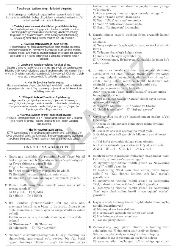 Ona tili va adabiyoti fanidan test savollari