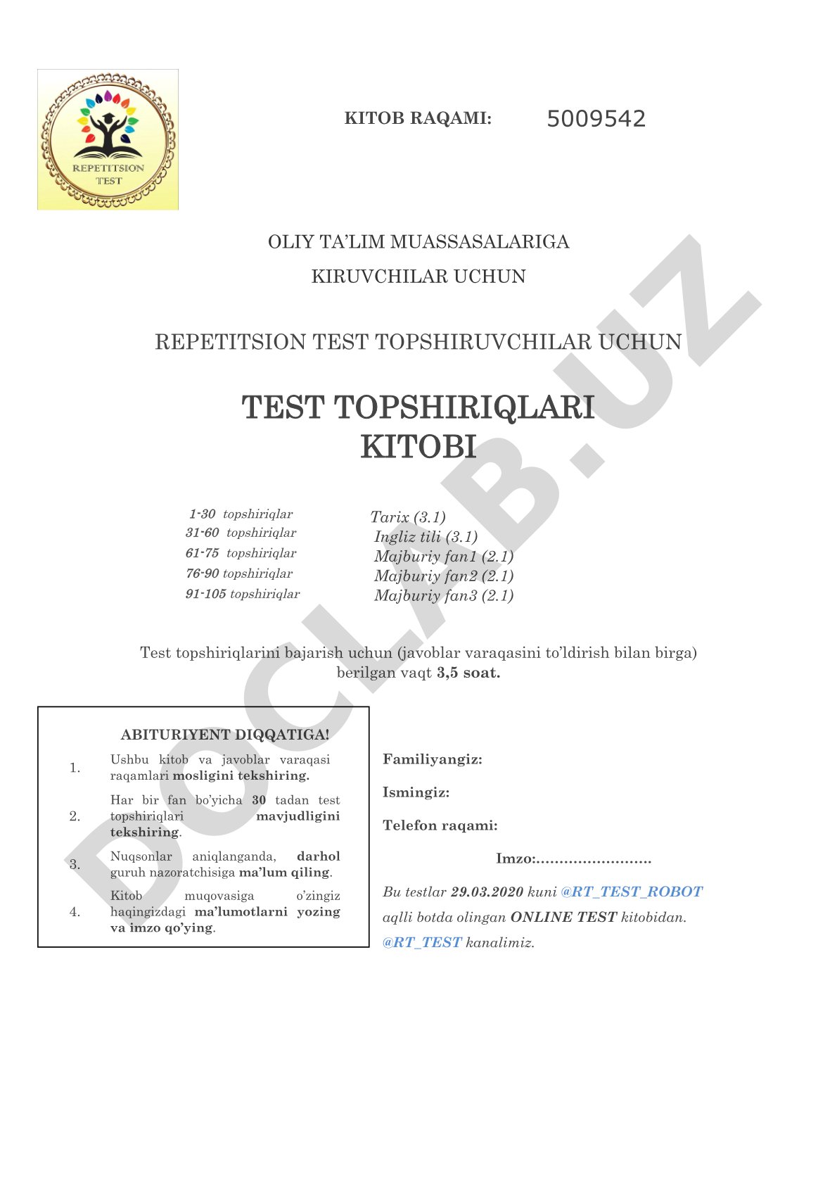 Repetitsion test topshiriqlari kitobi (Tarix, Ingliz tili, Majburiy fanlar)