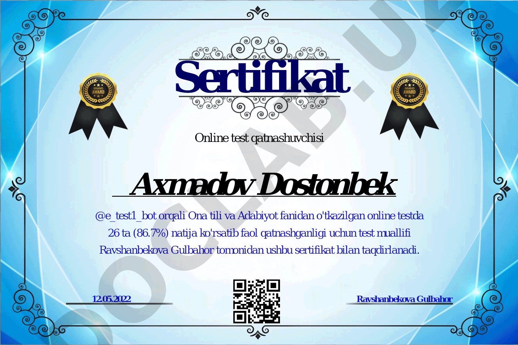 Ona tili va Adabiyot fanidan online test sertifikati
