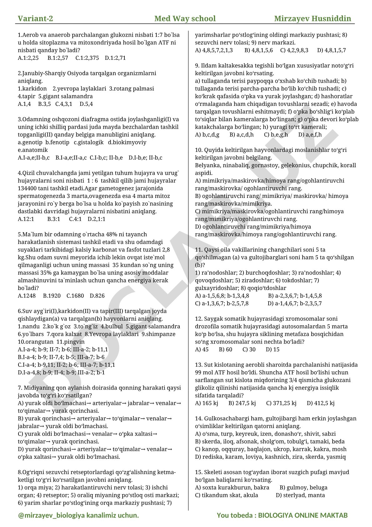 Biologiyadan test savollari