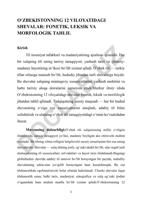 O‘zbekistonning 12 viloyatidagi shevalar: fonetik, leksik va morfologik tahlil