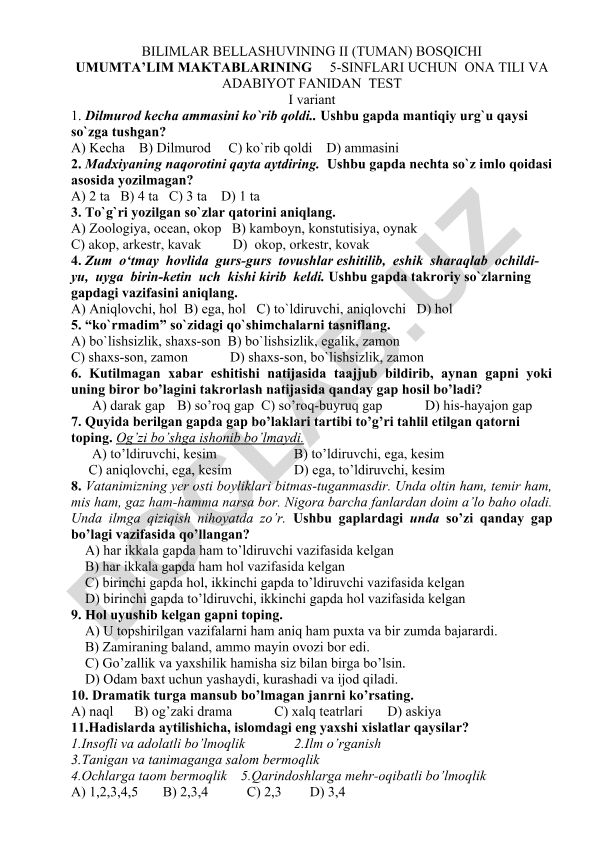 5-sinf ona tili va adabiyot fanidan test savollari