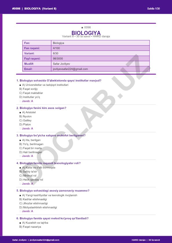Biologiya fanidan test savollari to'plami (Variant 8)