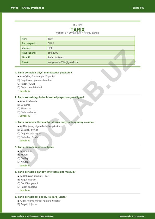 Tarix fanidan test savollari (Variant 6)