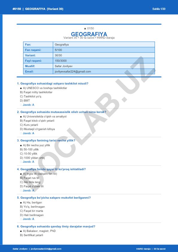 Geografiya fanidan 30 ta savol testi (Variant 30)