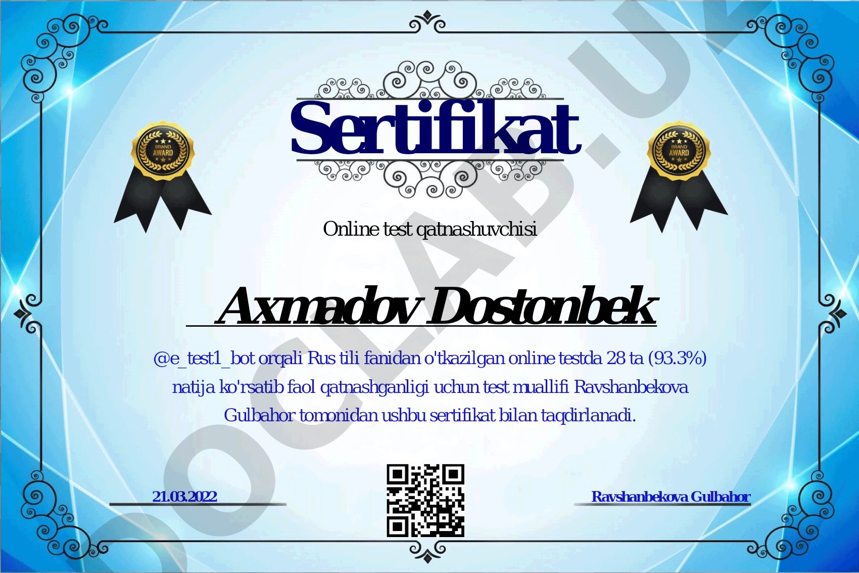 Rus tili fanidan online test sertifikatlari