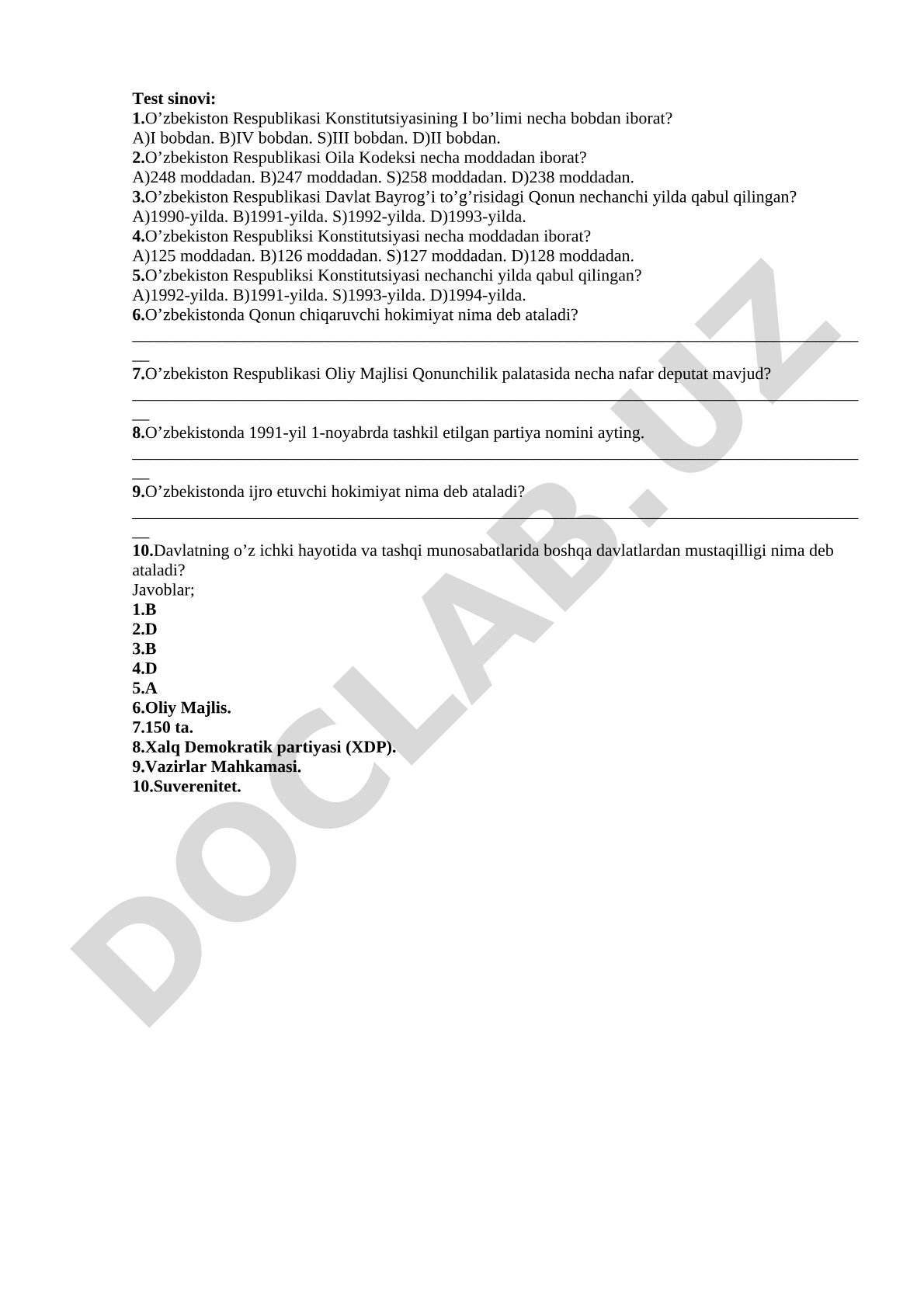 O'zbekiston Respublikasi Konstitutsiyasi va qonunlari bo'yicha test savollari
