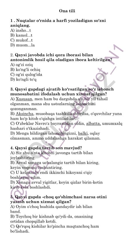 Ona tili fanidan test savollari