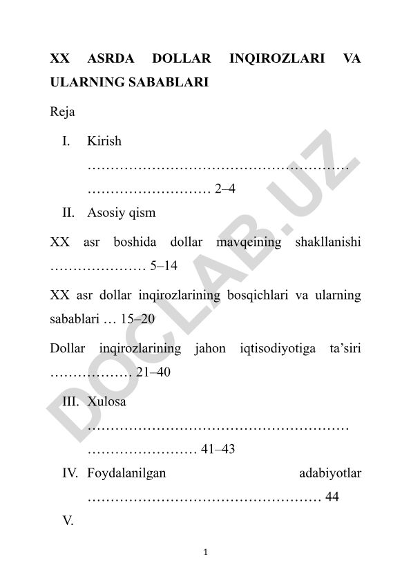 XX asrda dollar inqirozlari va ularning sabablari