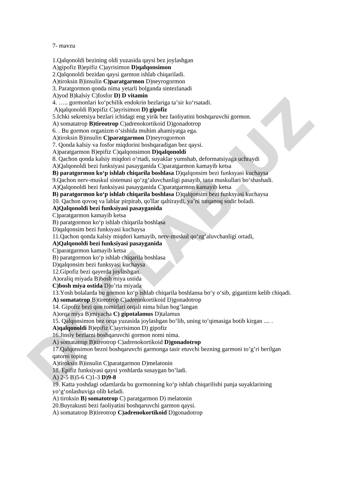 Qalqonoldi bezi va paratgarmon haqida test savollari