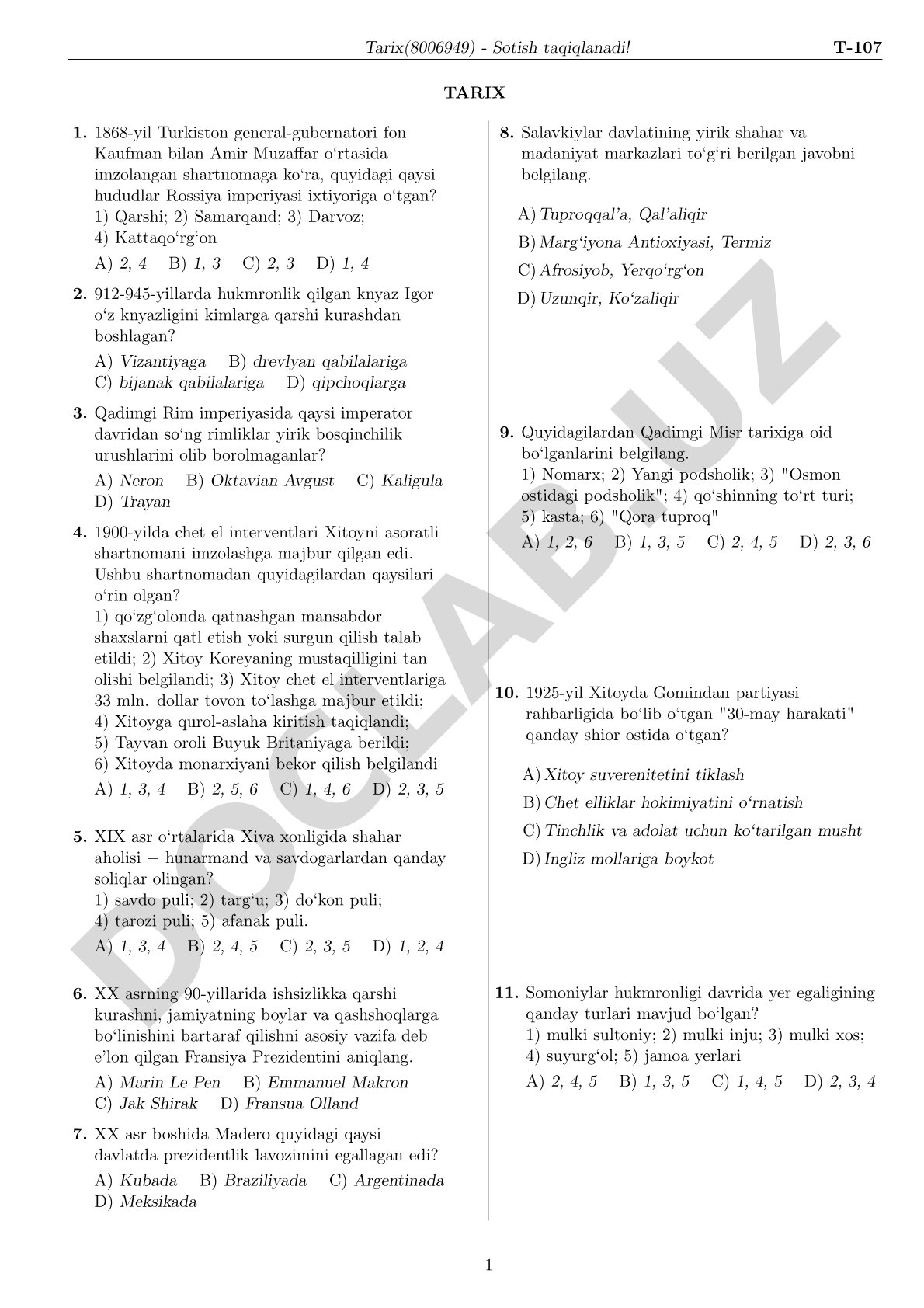 Tarix fanidan test savollari