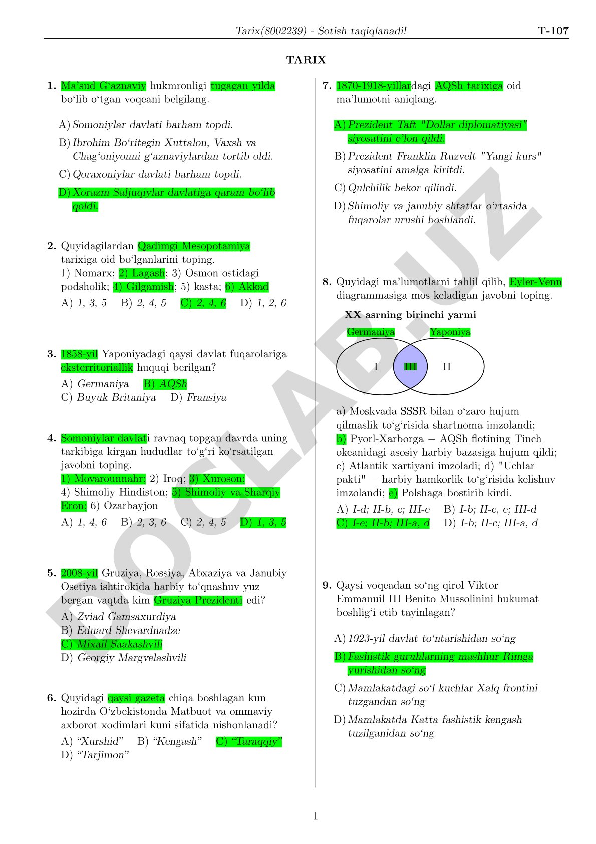 Tarix test savollari
