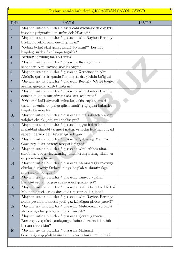 Jayhun ustida bulutlar qissasidan savol-javoblar