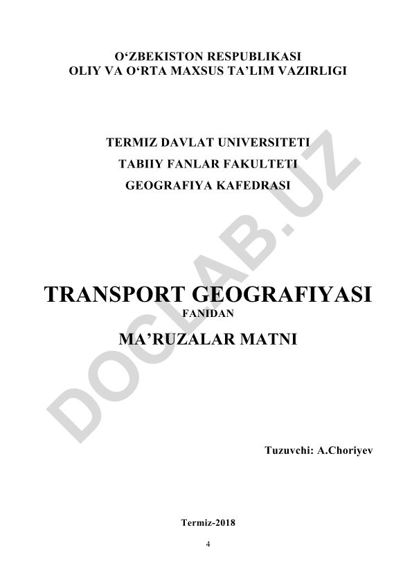 Transport geografiyasi kursining predmeti, maqsad va vazifalari