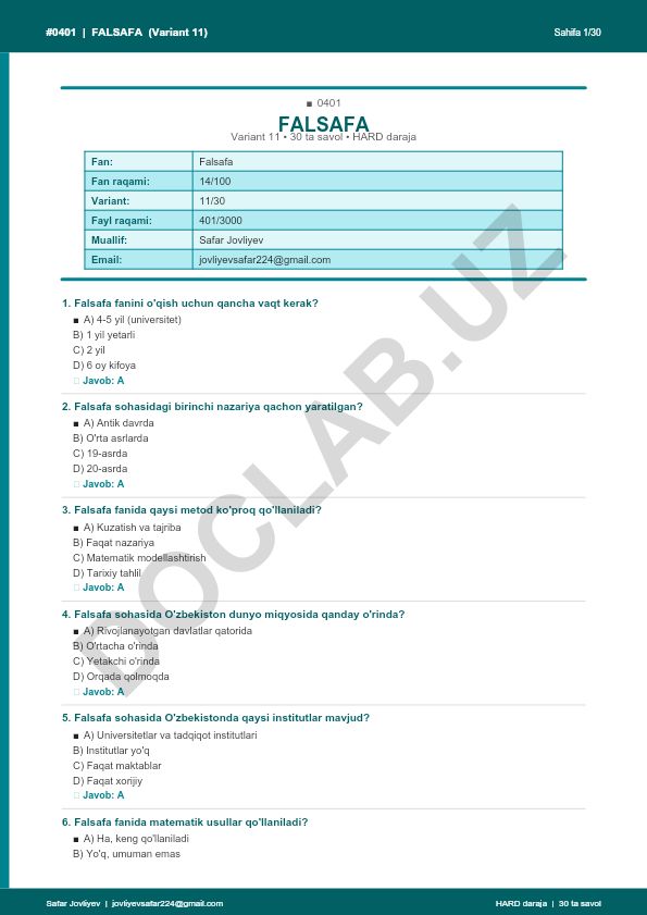 Falsafa fanidan test savollari (Variant 11)