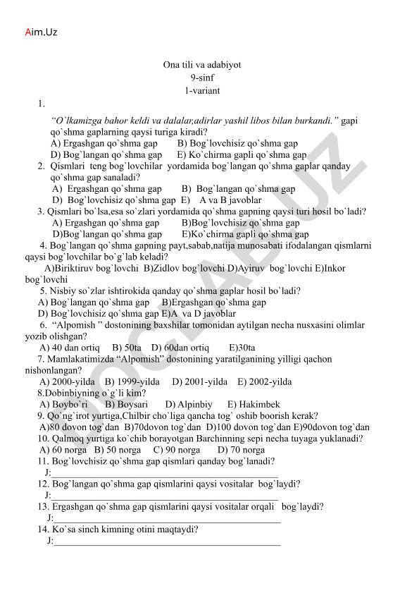 Ona tili va adabiyot 9-sinf test savollari