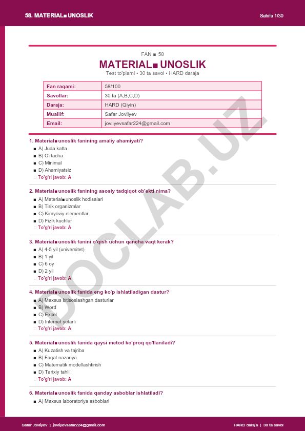 Materialshunoslik fanidan test to'plami