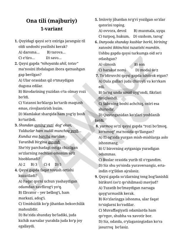 Ona tili test savollari 1-variant