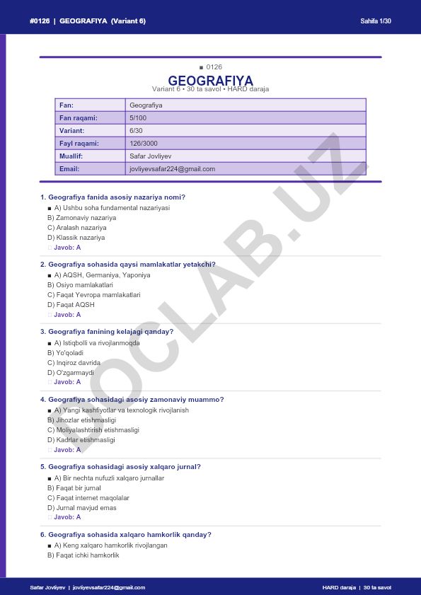 Geografiya fanidan 30 ta savolli test (Variant 6)