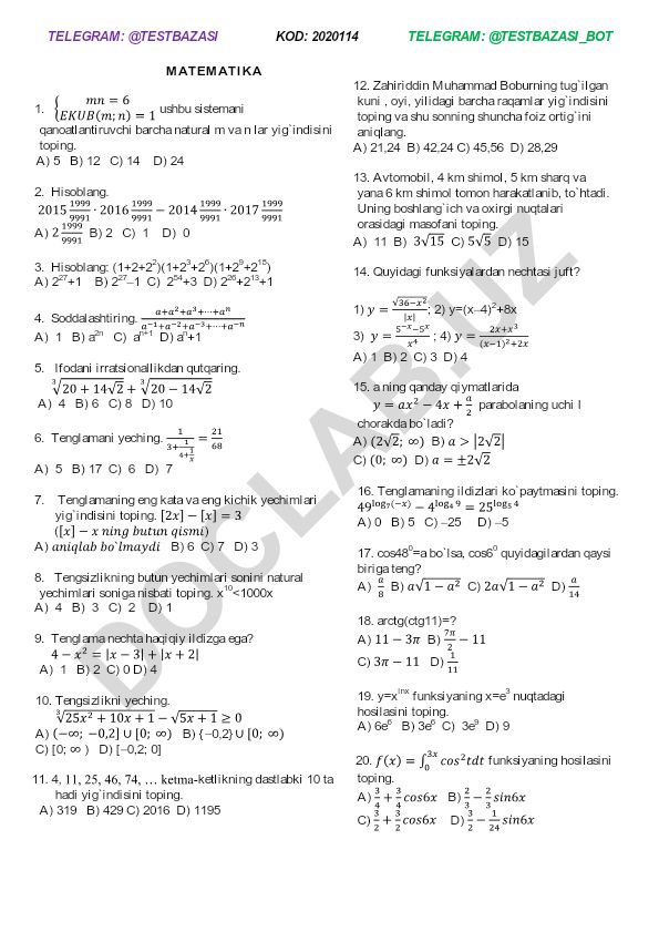 Matematika test savollari va masalalari