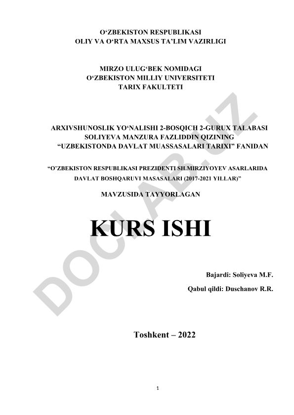 O'zbekiston Respublikasi Prezidenti Sh.Mirziyoyev asarlarida davlat boshqaruvi masalalari (2017-2021 yillar)