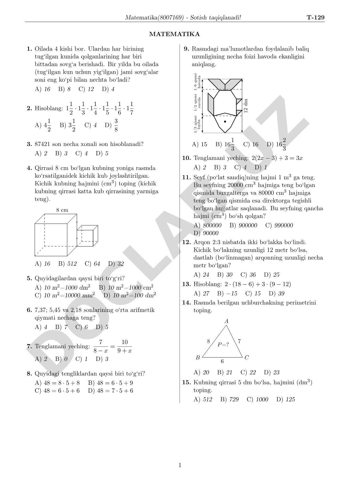 Matematika test savollari