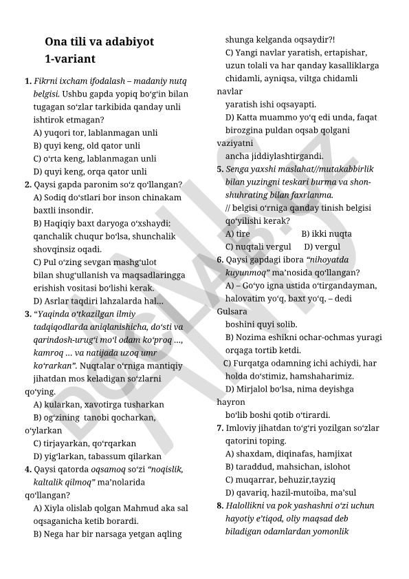 Ona tili va adabiyot fanidan test savollari