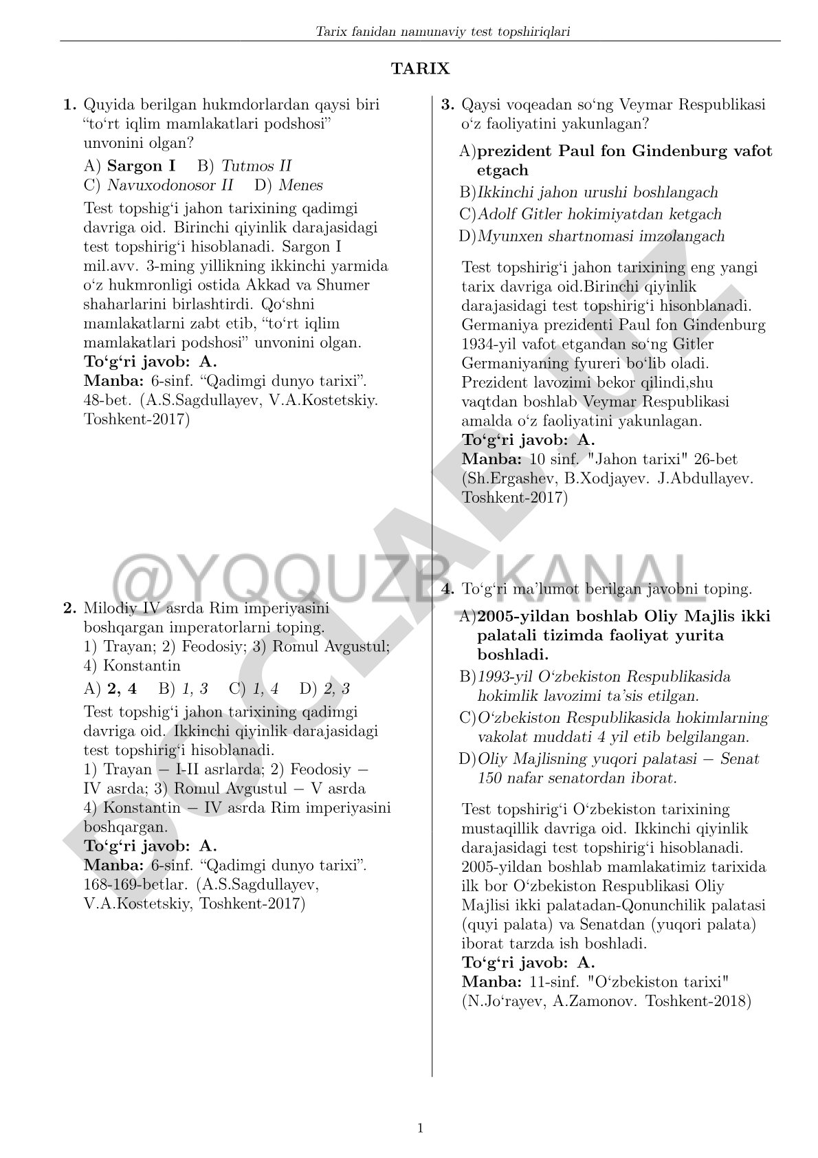 Tarix fanidan namunaviy test topshiriqlari
