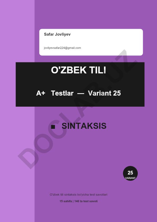 O'zbek tili sintaksis bo'yicha test savollari
