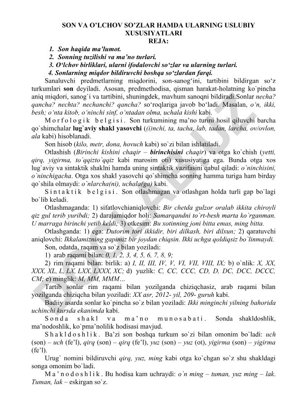 Son va o‘lchov so‘zlar hamda ularning uslubiy xususiyatlari