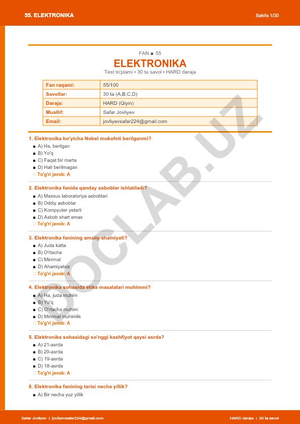 Elektronika fanidan test savollari to'plami