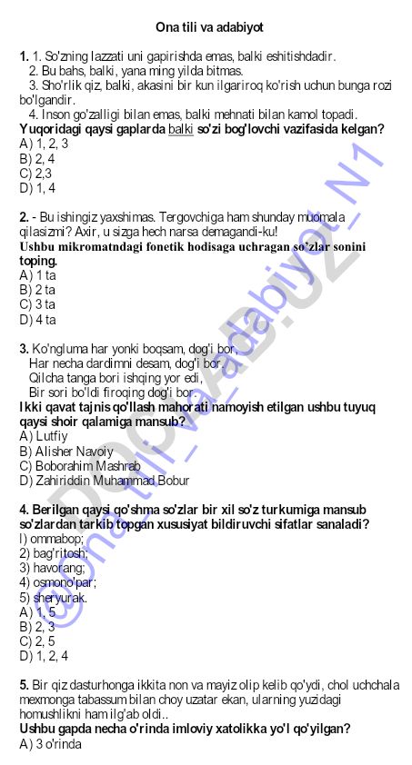 Ona tili va adabiyot fanidan test savollari