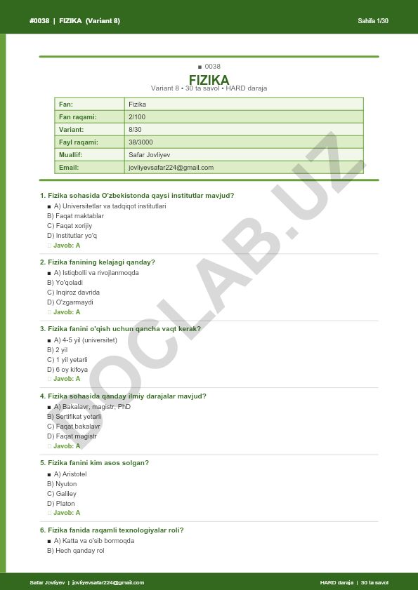 Fizika faniga oid test savollari (Variant 8)