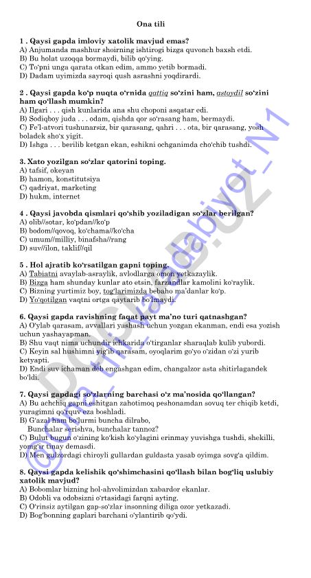 Ona tili imlo va grammatika test savollari