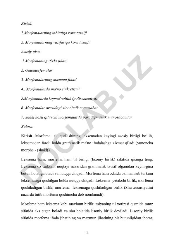 Morfemalarning tasnifi, ifoda jihati va mazmun xususiyatlari
