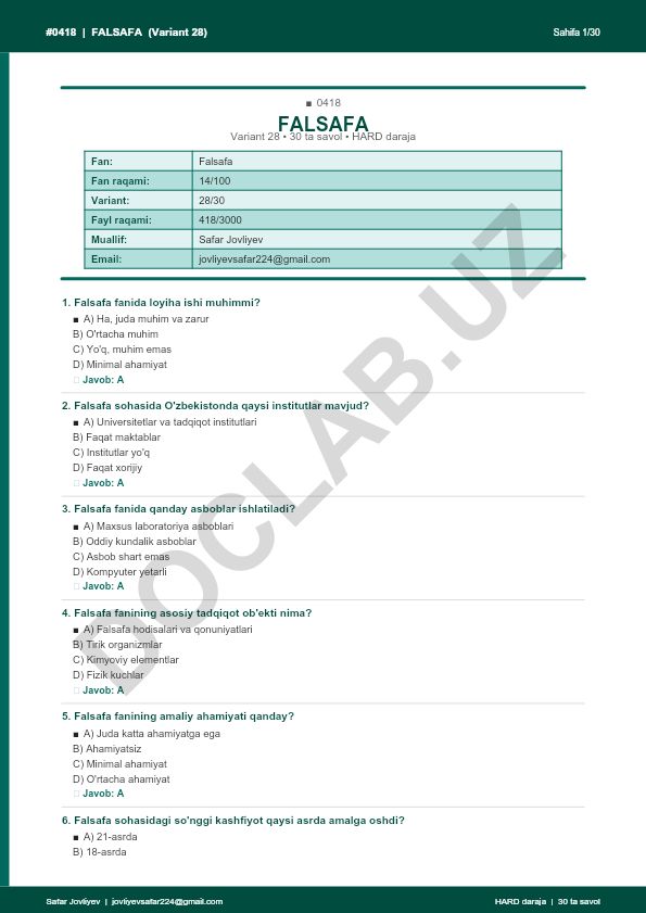 Falsafa fanidan test savollari (Variant 28)